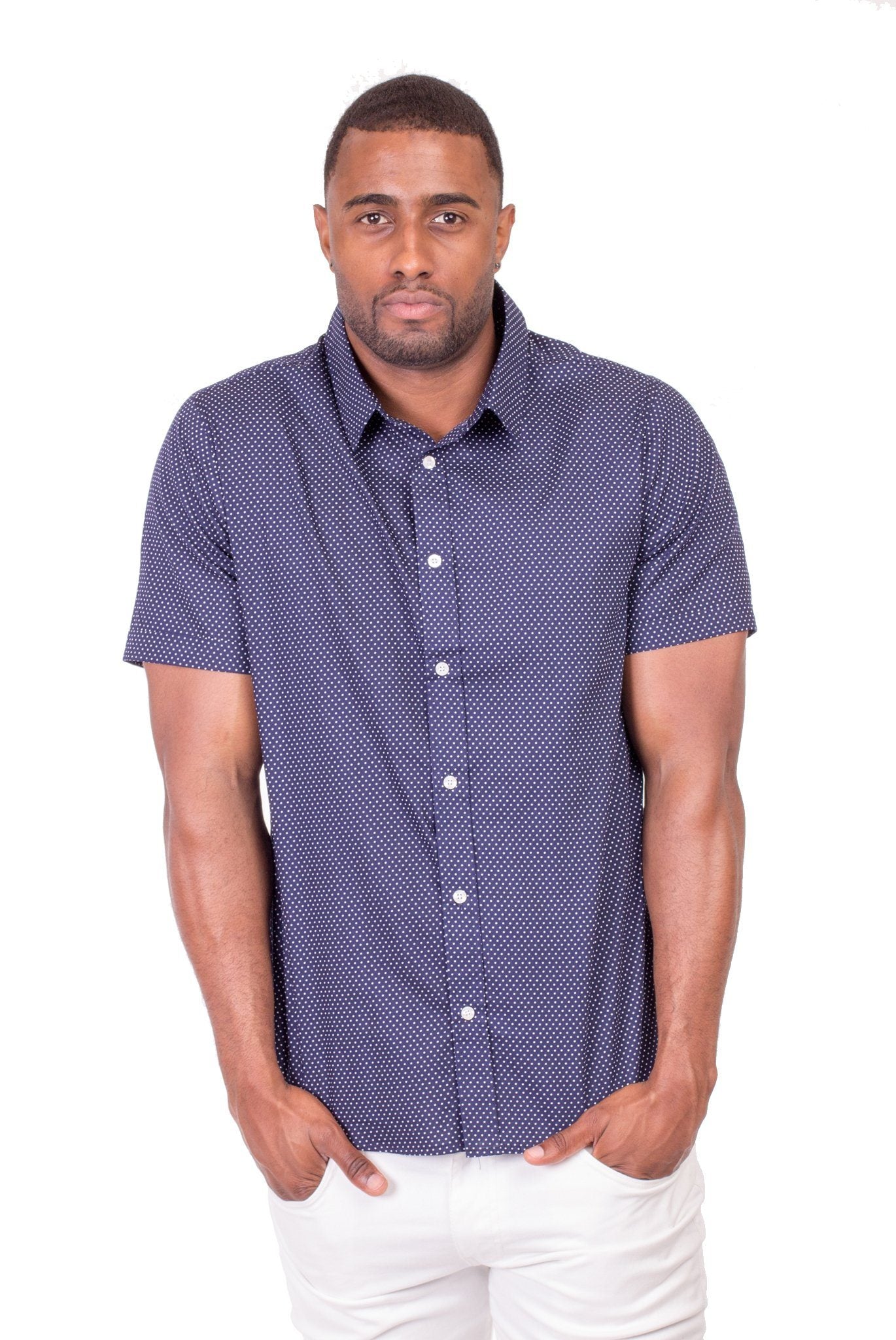 NAVY AND WHITE POLKA-DOT SHORT SLEEVE SHIRT | Poor Little Rich Boy Clothing